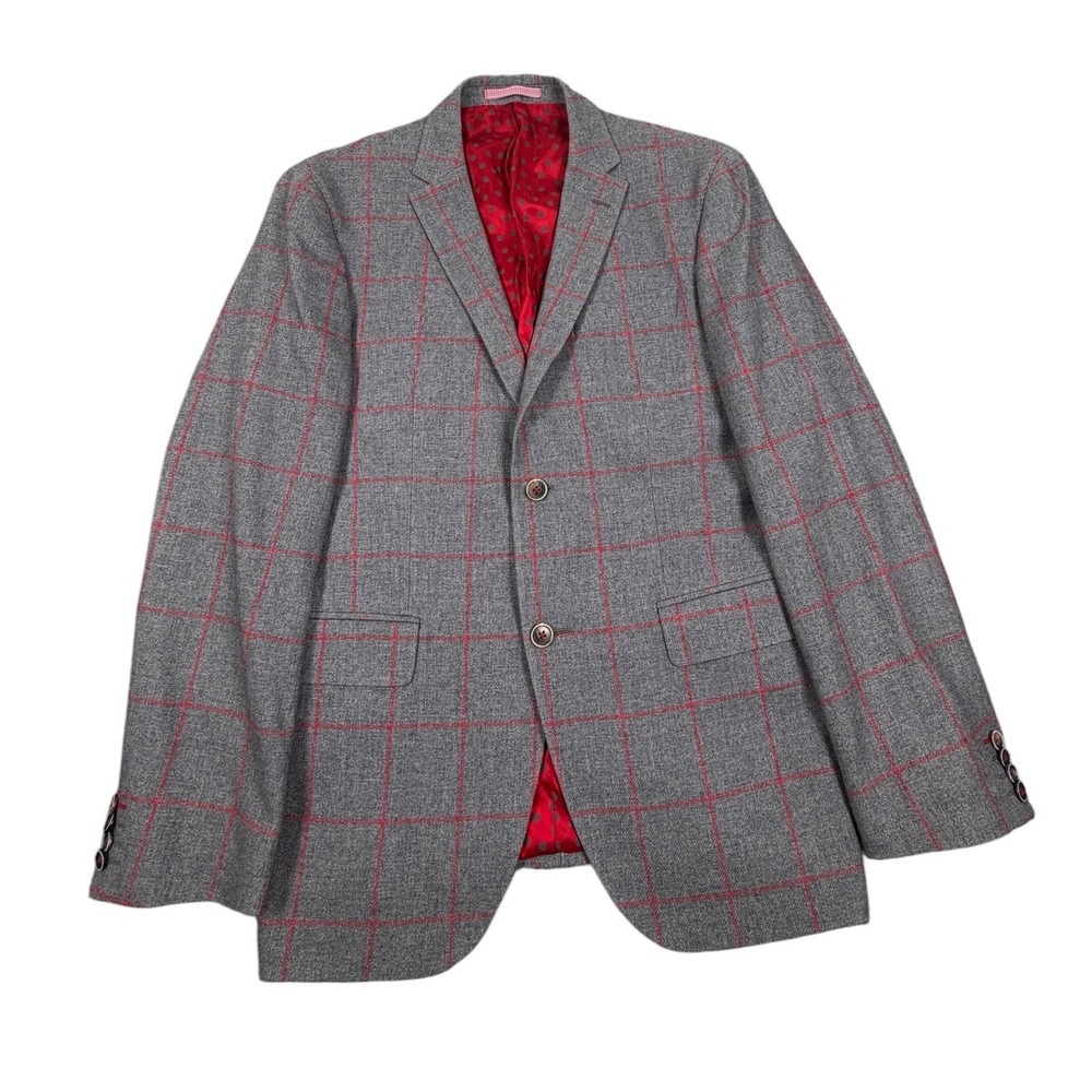 Sand Blazer Mens EU50 US 38R Gray Red Plaid Wool Blend Two Button Blazer
